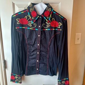 Pinto Ranch Vintage Collection Embroidered Black Western Rodeo Shirt Size Medium